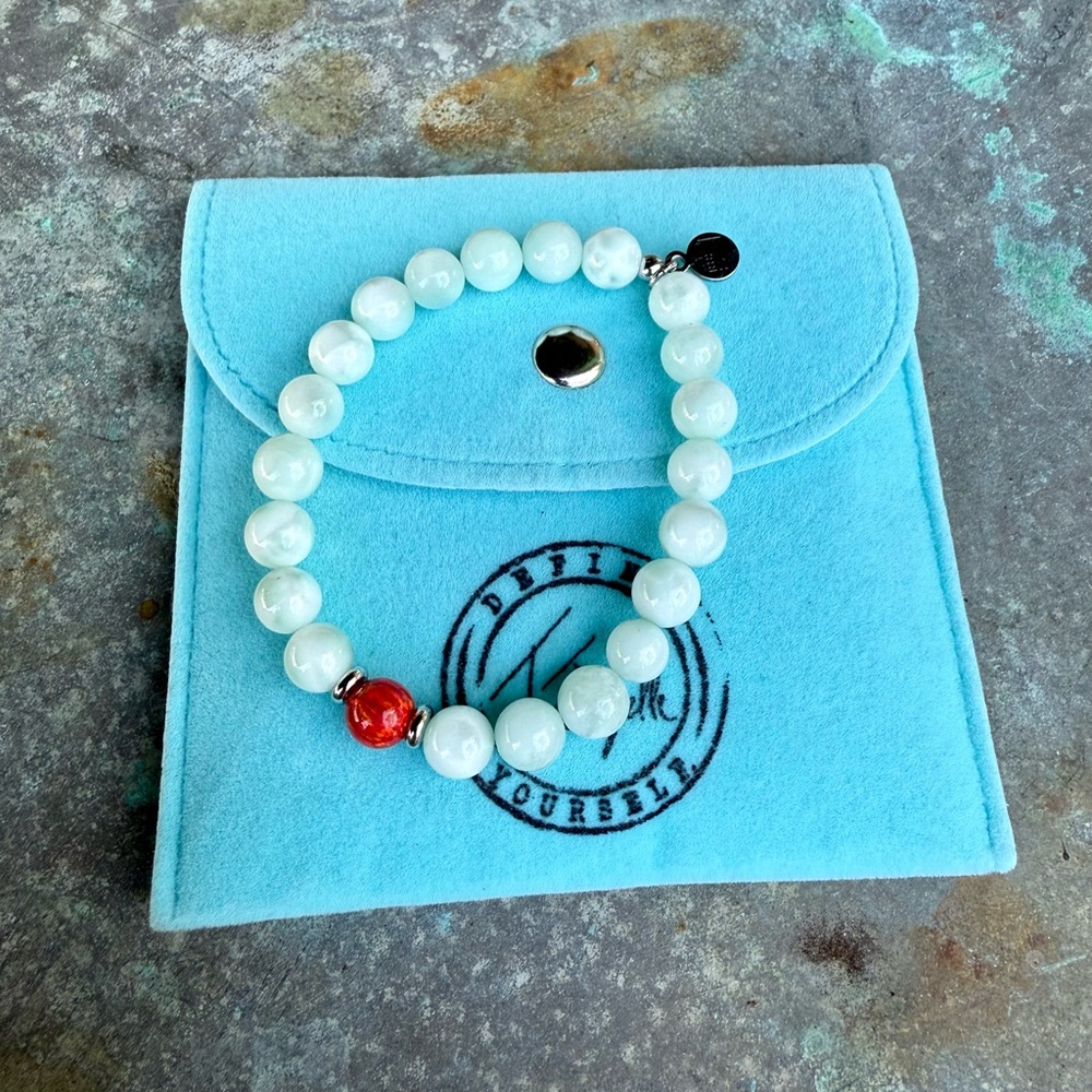 T Jazelle Limited Edition Green Angelite Beads with Red Center Bead Bracelet